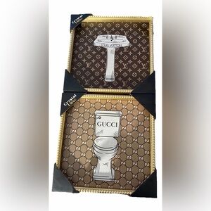 2 DESIGNER SINK TOILET BATHROOM FRAMED WALL ART BROWN BEIGE 12 X 12 SET OF TWO